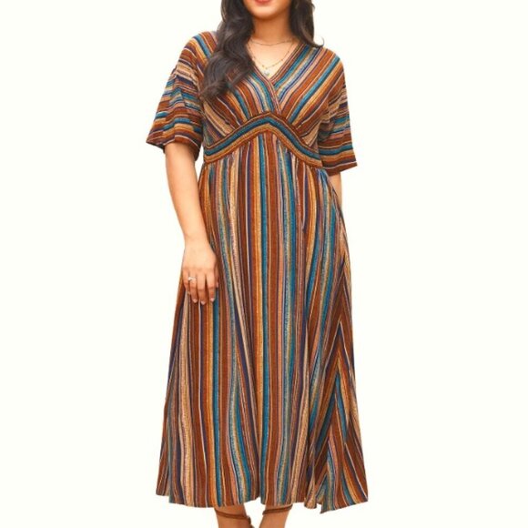BloomChic Plus Size 3XL Striped Contrast Dolman Sleeve Shirred Pocket Dress - Picture 1 of 4